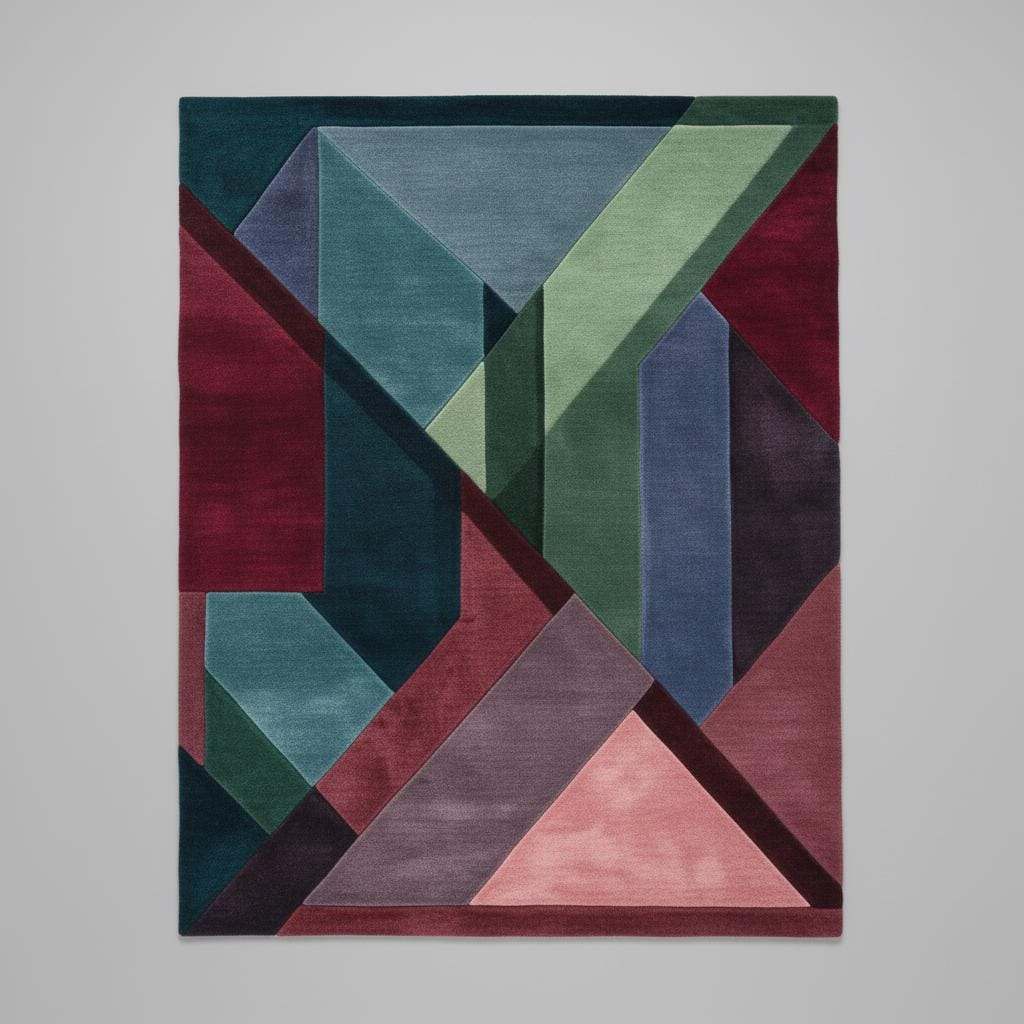 Modern Art-Deco style rug featuring angular color-block patterns in rich jewel colors.