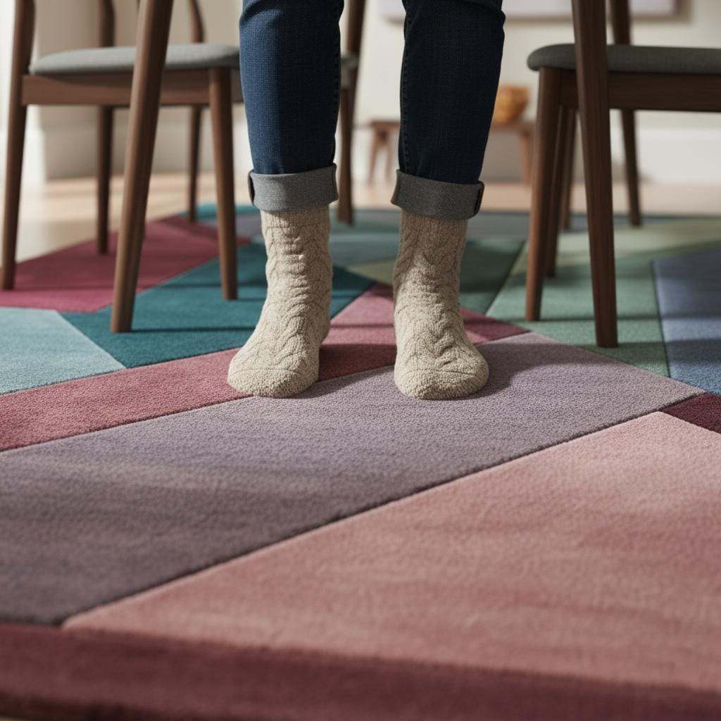 Rectangular abstract rug with jewel-tone palette and crisp angular design.