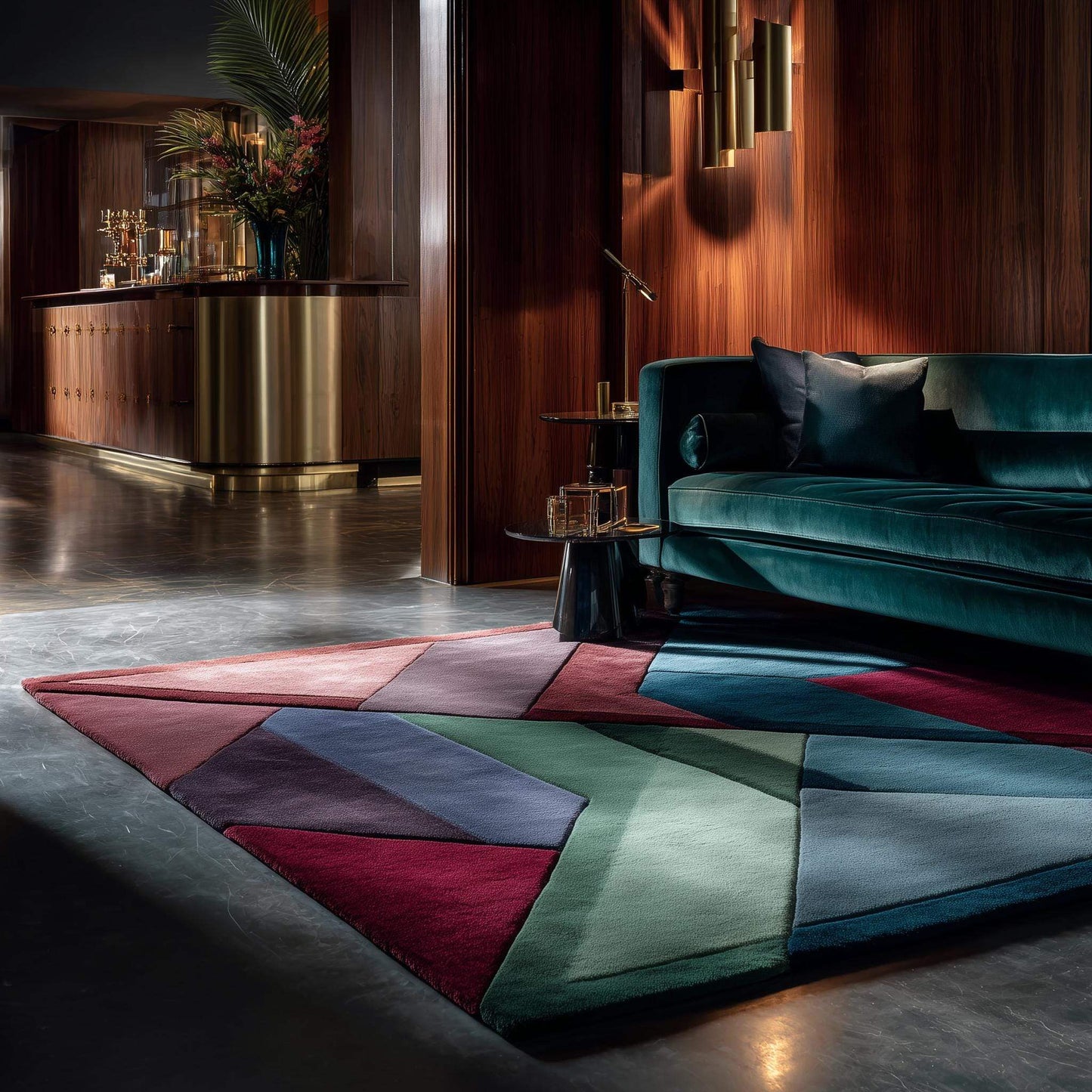 Contemporary statement rug in geometric shapes and color-block shading.