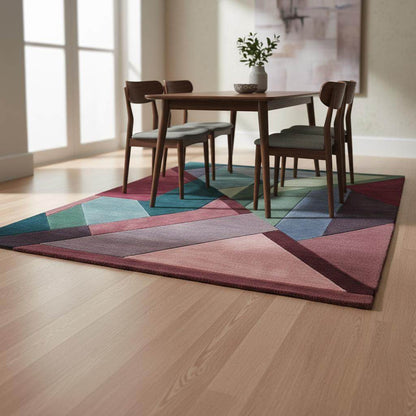 Geometric Art Deco Area Rug: Burgundy, Teal & Green Color Blocks