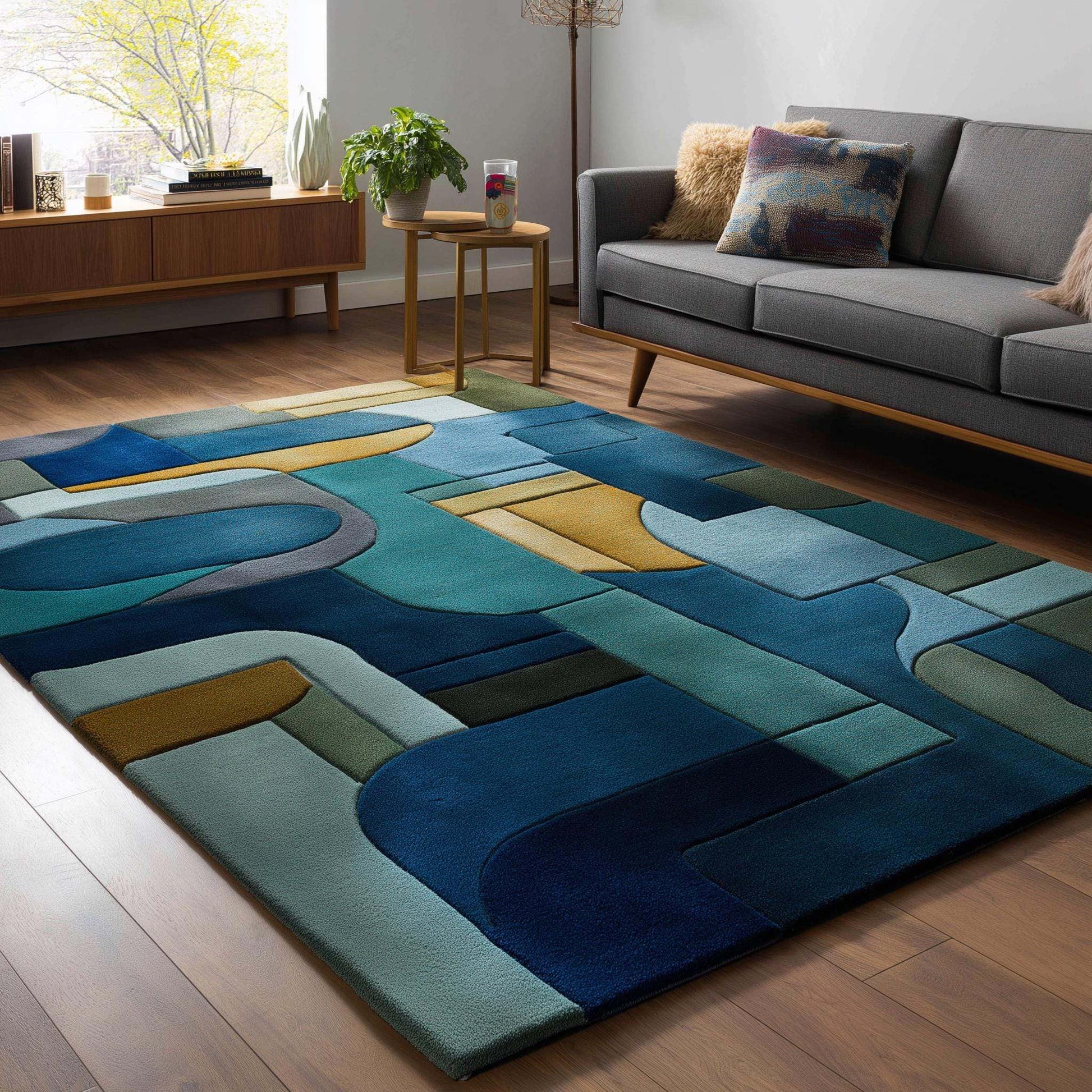 Mid-century modern geometric block area rug in navy, teal, gold, and olive colors with abstract patterns