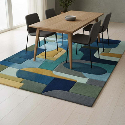 Modern retro rug featuring navy, teal, and mustard tones.