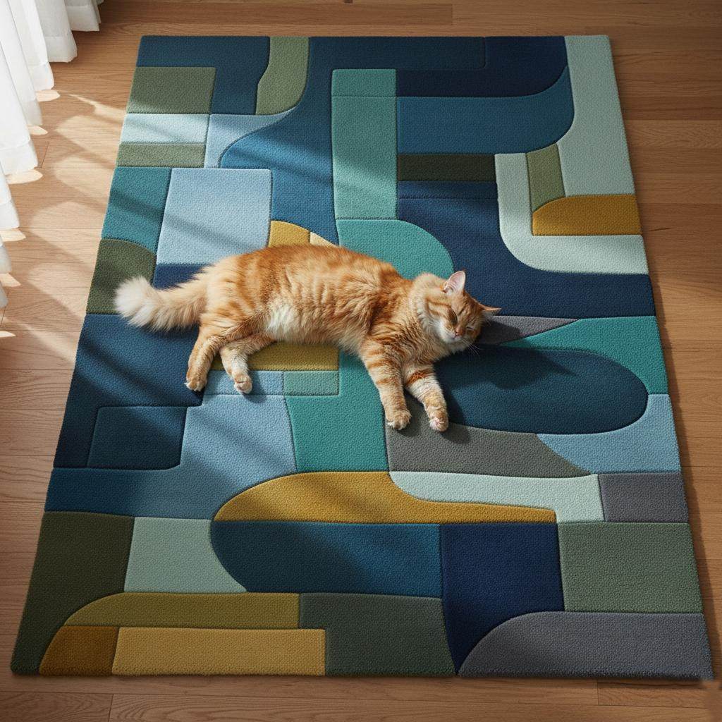 Geometric Block Area Rug: Mid-Century Modern Navy, Teal & Gold Teppich