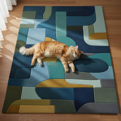 Geometric Block Area Rug: Mid-Century Modern Navy, Teal & Gold Teppich