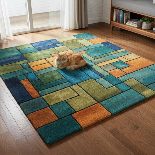 Modern geometric block rug in teal, olive green, navy, orange, and mustard colors