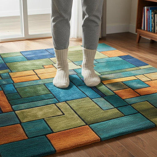 Bold mid-century modern rug with colorful abstract blocks.