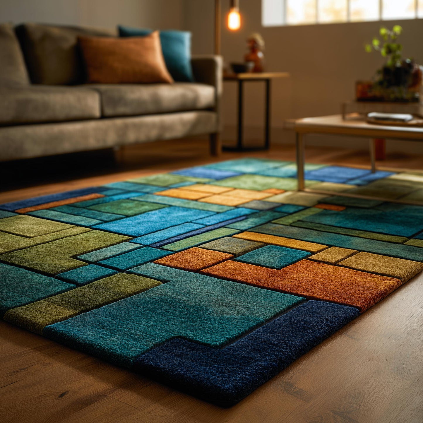 Statement area rug featuring teal, navy, and orange tones.
