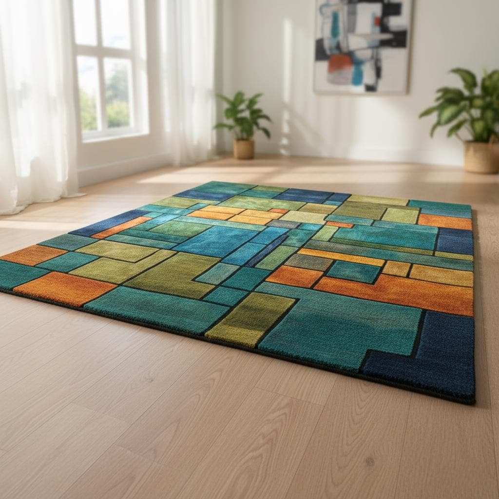 Colorful modern rug with geometric rectangle design.
