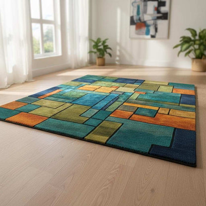 Colorful modern rug with geometric rectangle design.