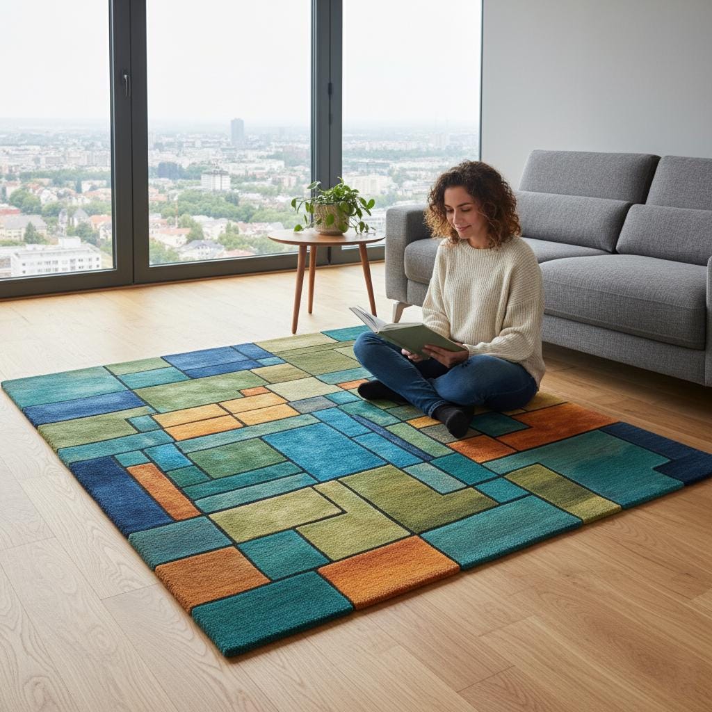 Modern geometric rug with teal, green, orange, and blue color blocks