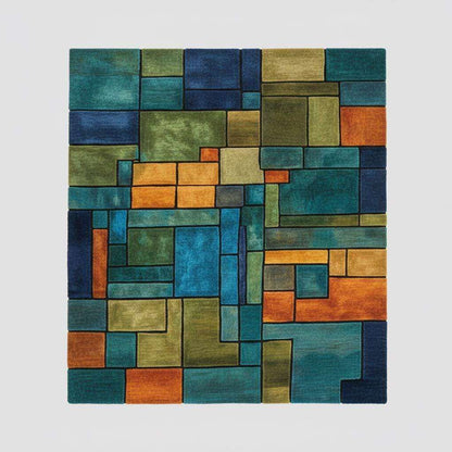 Geometric rug with teal, olive green, navy, orange, and mustard color blocks in a modern area rug design