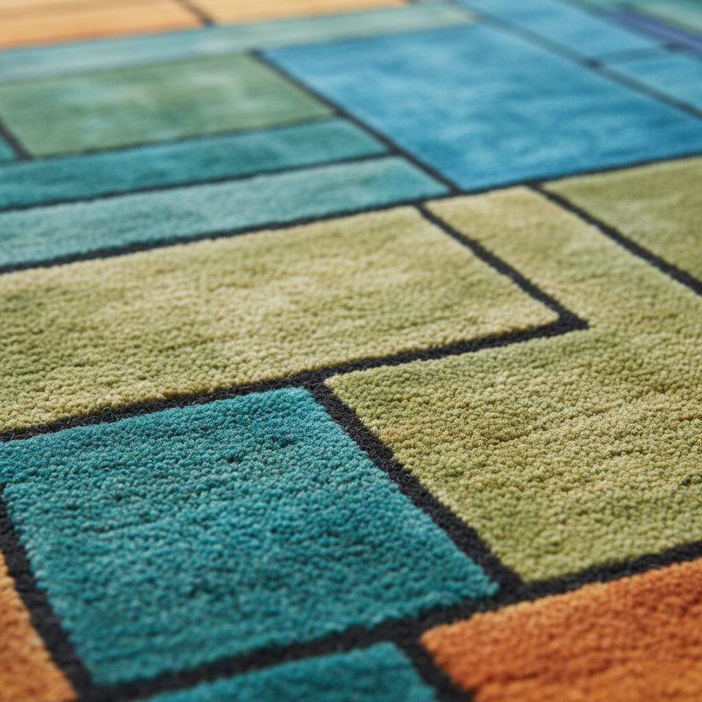 Modern geometric rug with teal, olive green, orange, and mustard color blocks