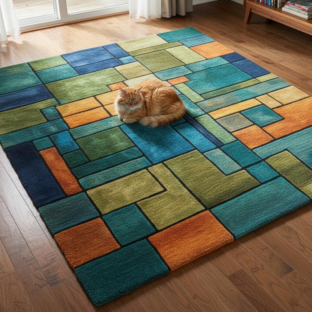 Geometric rug with teal, olive green, navy, orange, and mustard color blocks in a modern abstract design