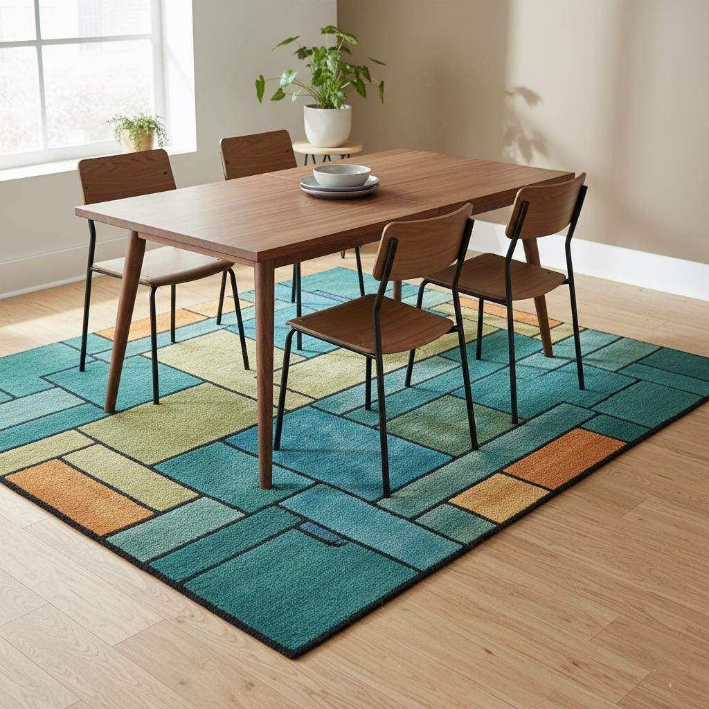 Colorful geometric block rug in teal, green, orange, and navy blue for modern interiors