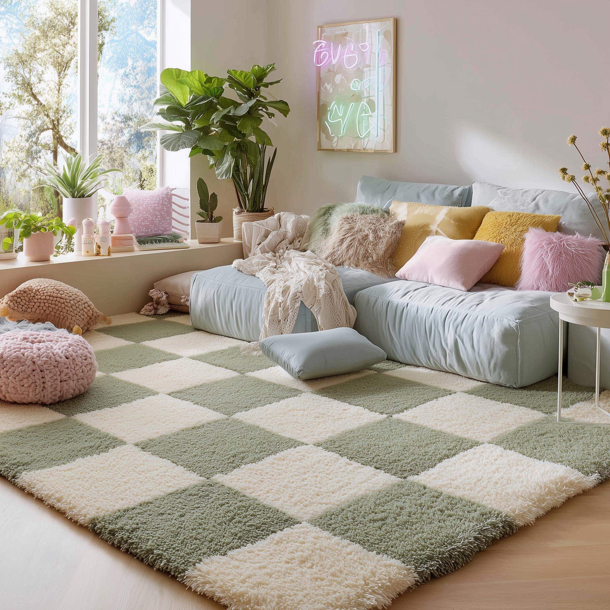 Green checkered tufted rug with modern plaid pattern and cream accents