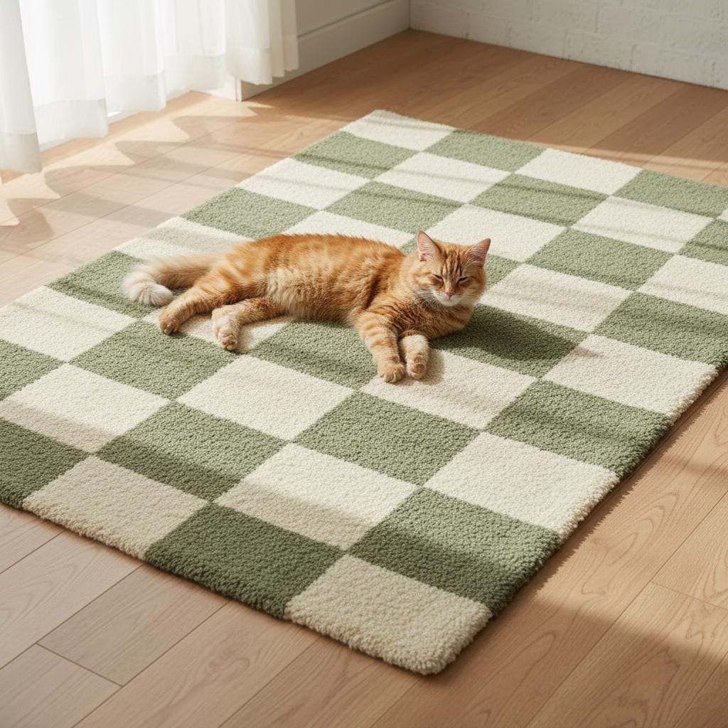Modern plaid area rug with tufted soft texture.