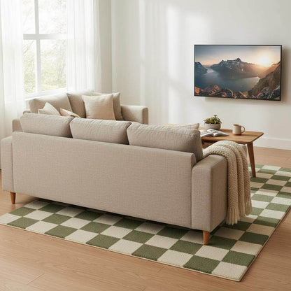 Rectangular check patterned rug in natural light.