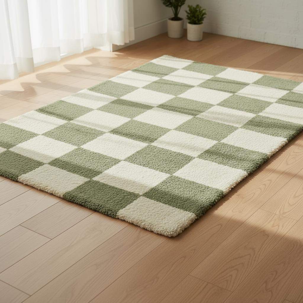 Green Checkered Tufted Rug: Modern Plaid Accent Carpet
