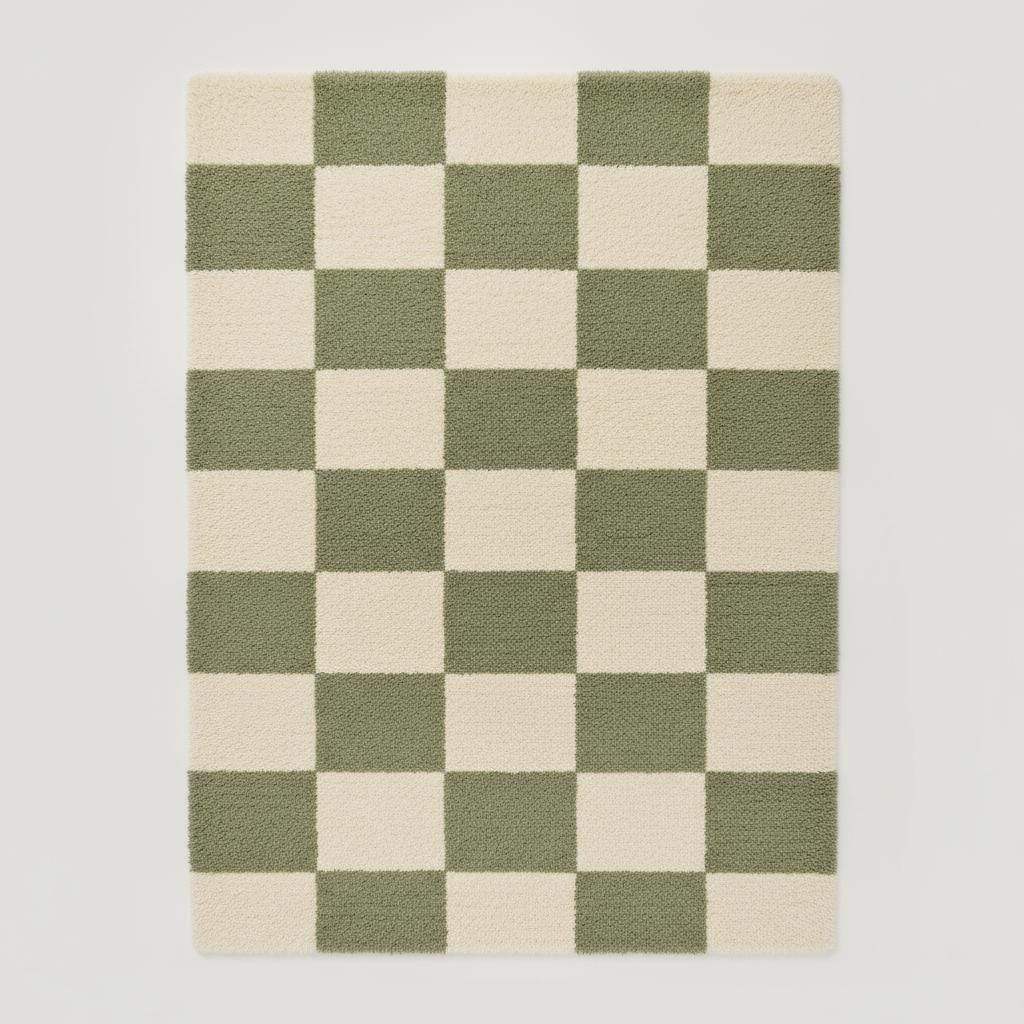 Green Checkered Tufted Rug: Modern Plaid Accent Carpet