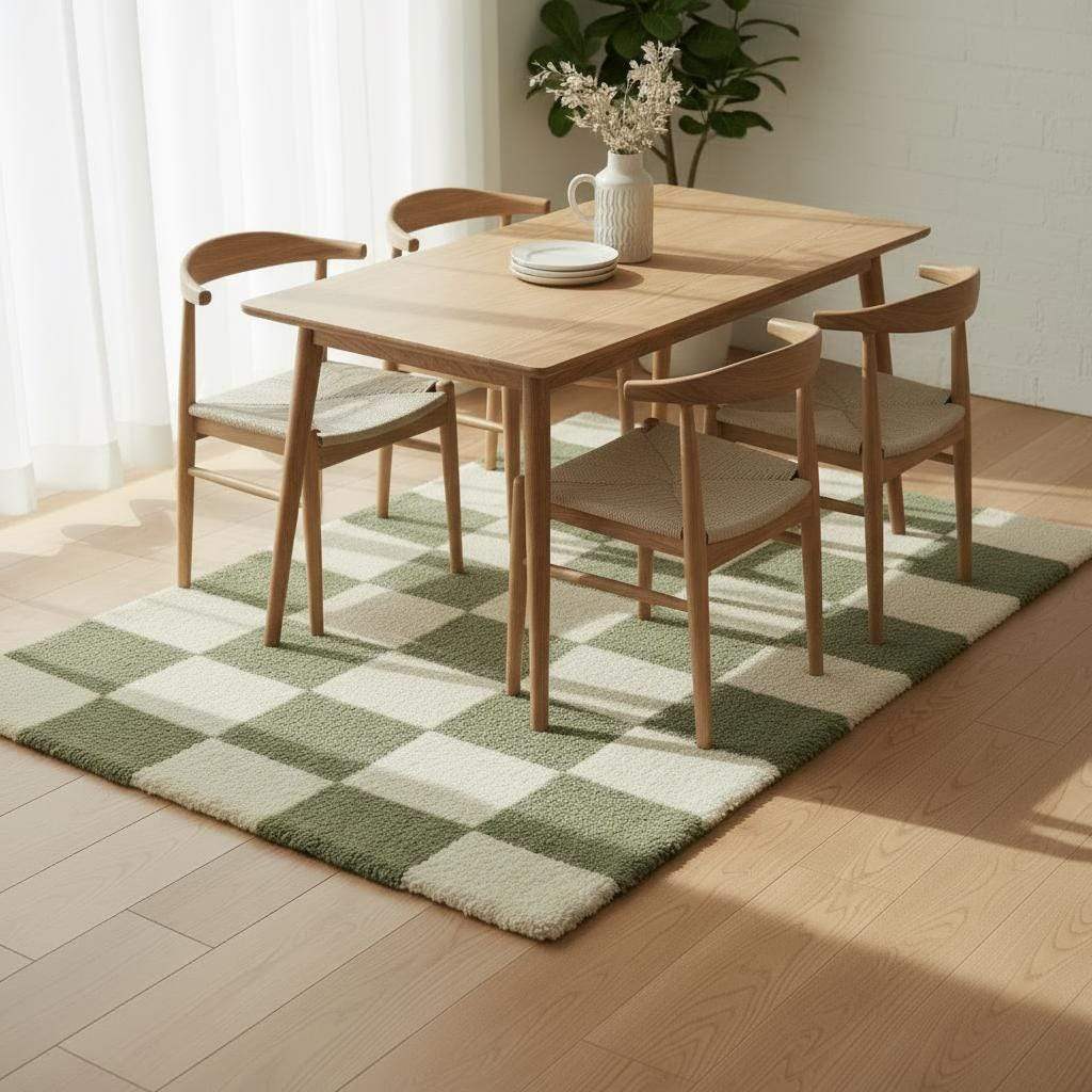 Green Checkered Tufted Rug: Modern Plaid Accent Carpet