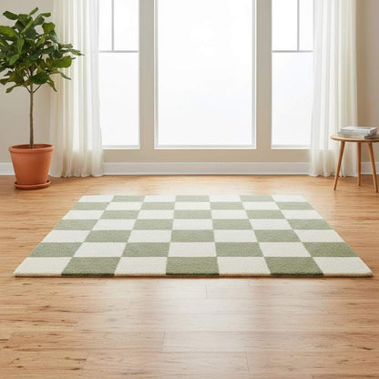 Green Checkered Tufted Rug: Modern Plaid Accent Carpet