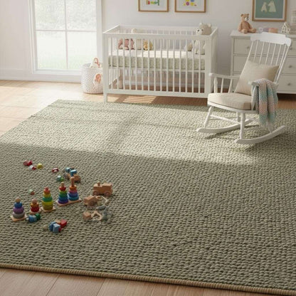 Textured sage wool rug close-up showing chunky weave, modern boho wool carpet teppich for bedroom.