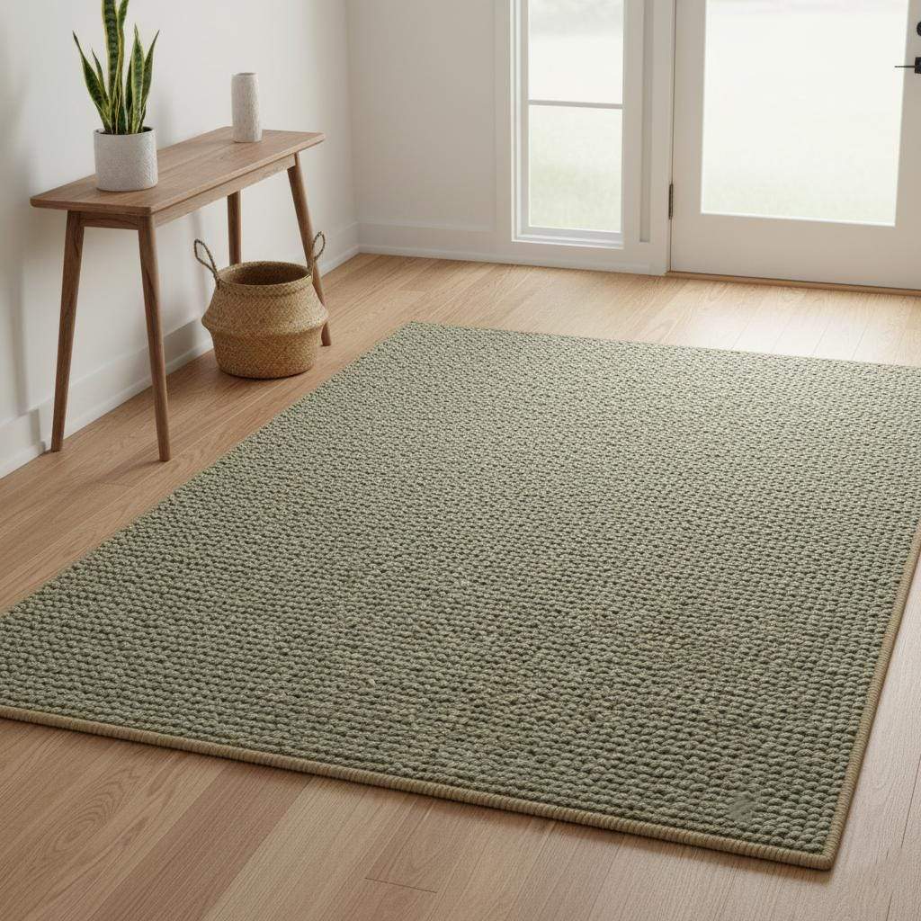Green Chunky Wool Rug – Handwoven Textured Pebble Carpet