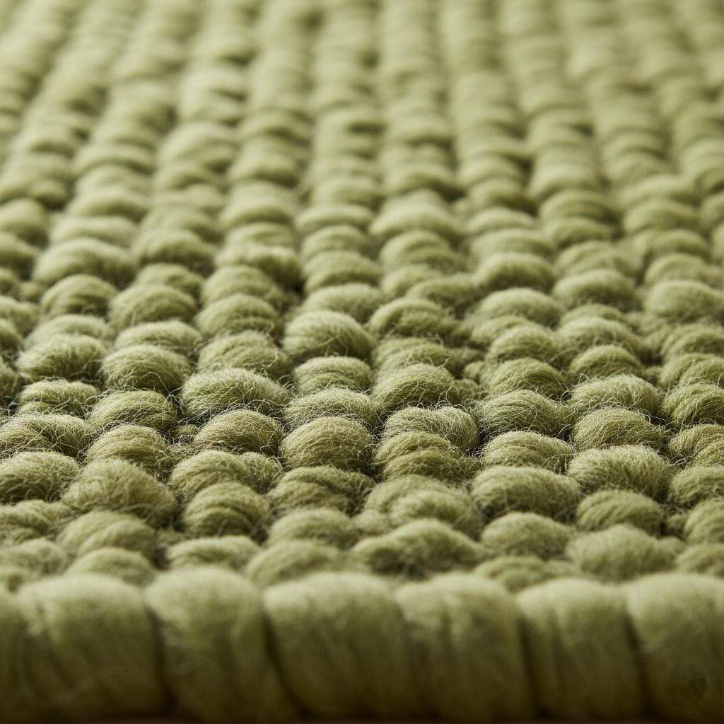 Close-up of textured green rug featuring dense pebble-like loops creating a moss-inspired, organic 3D surface.