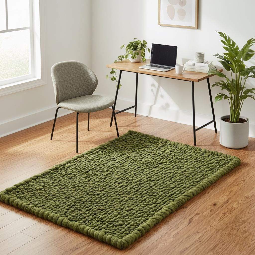 Modern green chunky rug with soft pebble clusters, ideal for boho, earthy, and minimalist room décor.