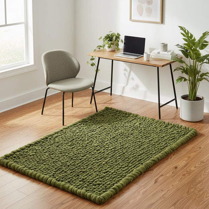 Modern green chunky rug with soft pebble clusters, ideal for boho, earthy, and minimalist room décor.