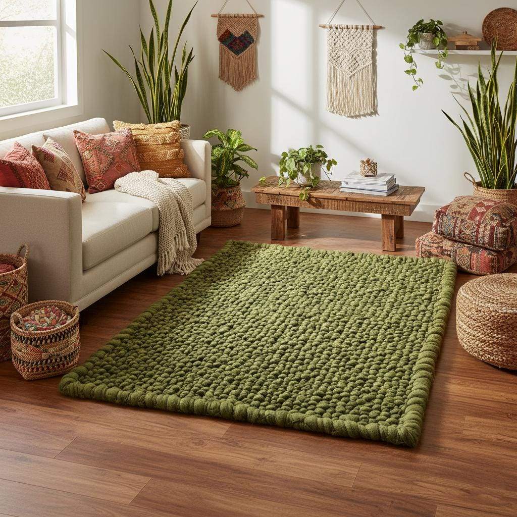 Rectangular moss-style textured rug in deep green tones shown in a flat lay top view for product listing.