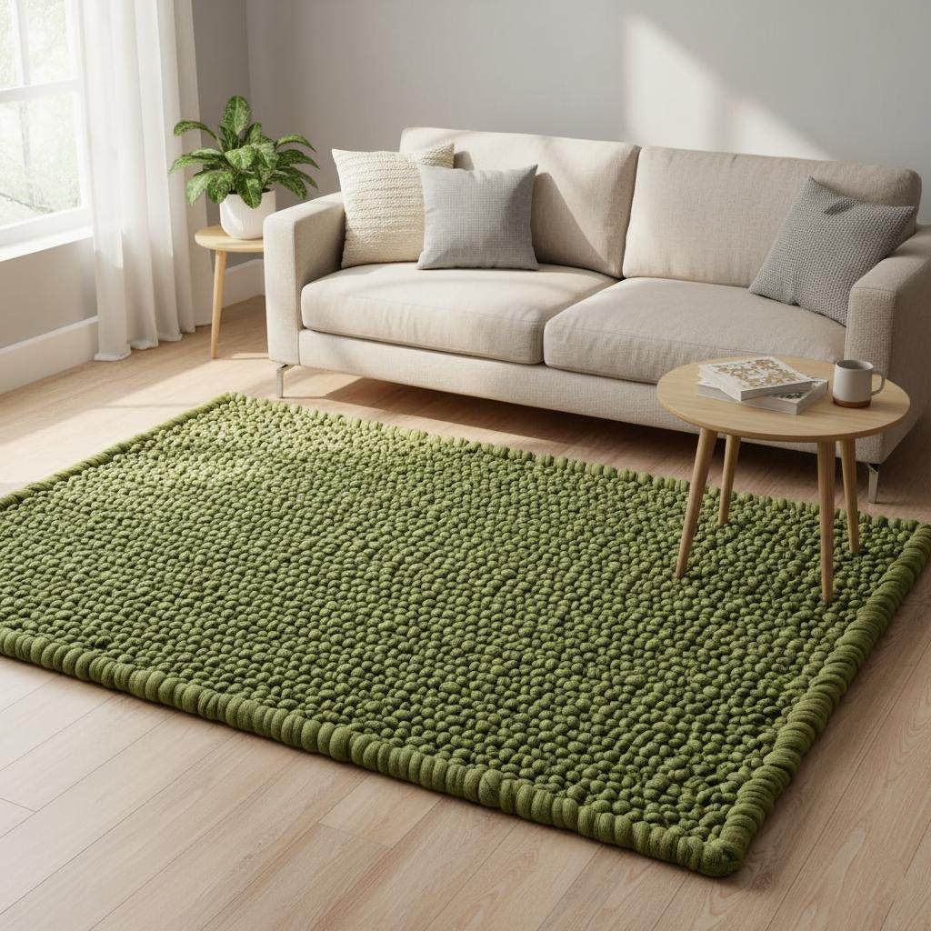 Hand-tufted green rug with cushioned pebble pattern, designed for cozy, natural, and aesthetic home interiors.