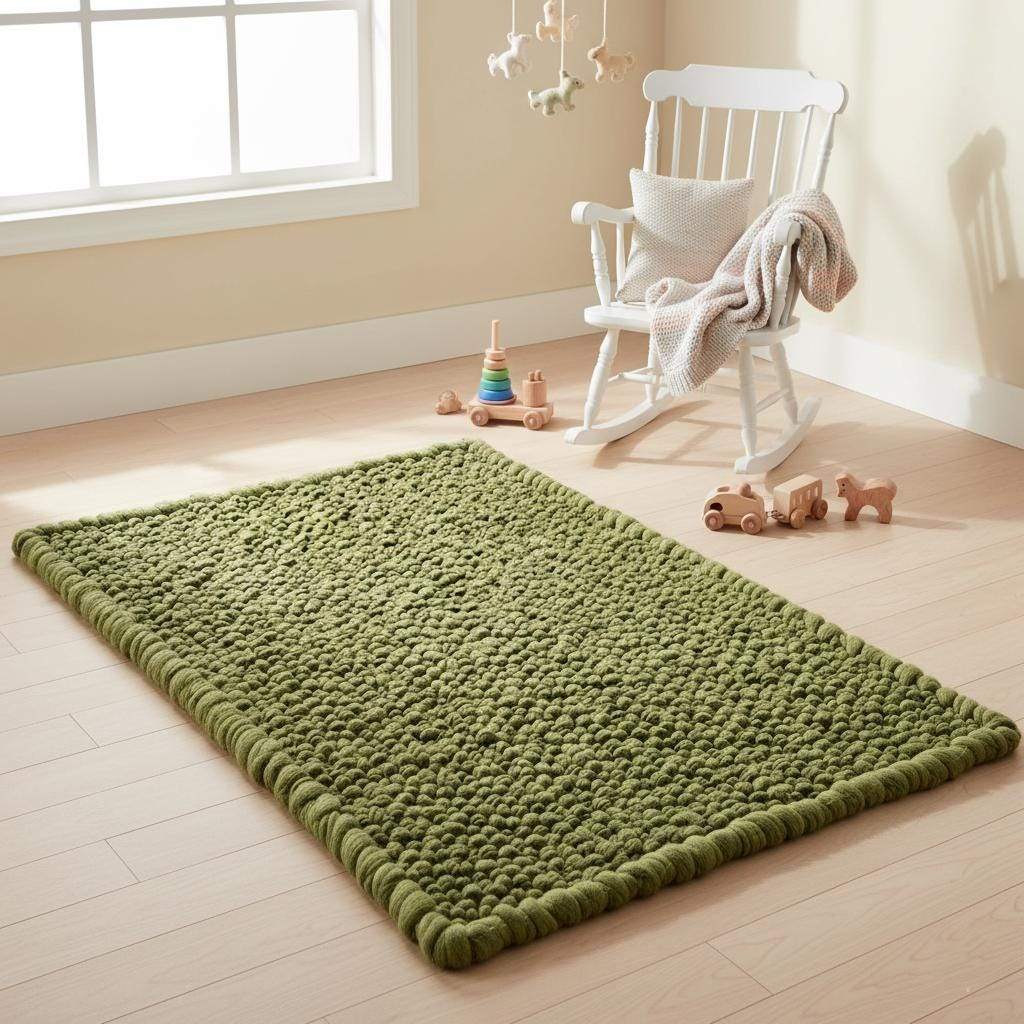 Green Pebble Texture Rug, Chunky Moss Style, Hand-Tufted Carpet, Custom Size