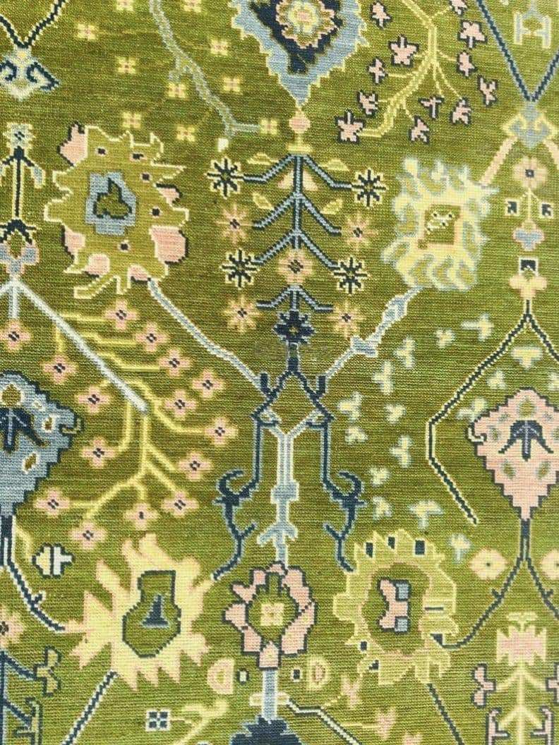 Hand-Knotted Olive Green Wool Rug: Turkish Oushak Area Rug