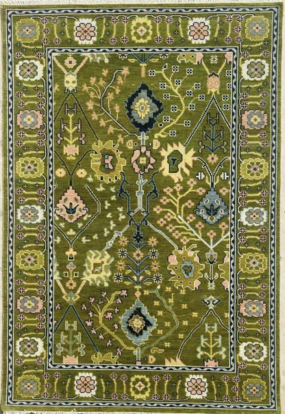 Hand-Knotted Olive Green Wool Rug: Turkish Oushak Area Rug