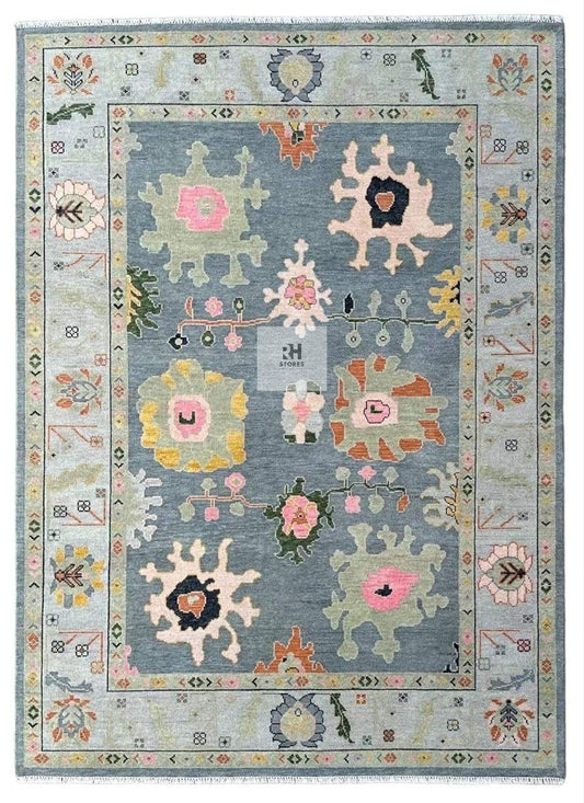 Hand-knotted Oushak wool rug with abstract boho design in green and blueish green, 8x10 vintage Turkish carpet