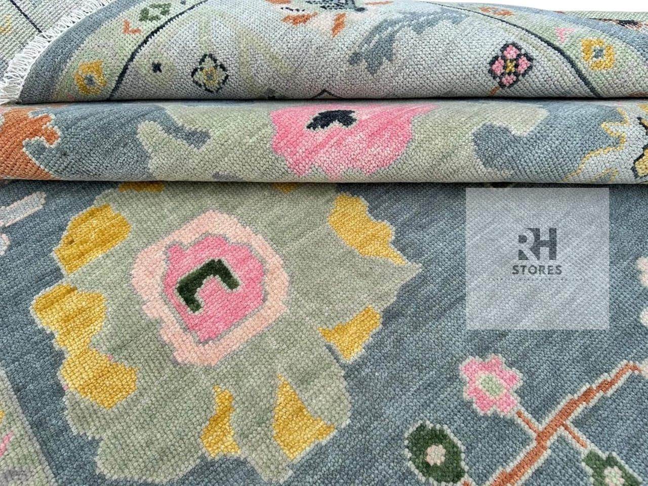 Hand-Knotted Oushak Wool Rug: Abstract Boho Design, 8x10 Vintage Turkish Carpet