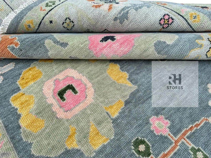 Hand-Knotted Oushak Wool Rug: Abstract Boho Design, 8x10 Vintage Turkish Carpet