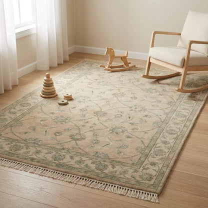 Hand-Knotted Oushak Wool Rug, Muted Sage Green Floral Area Rug