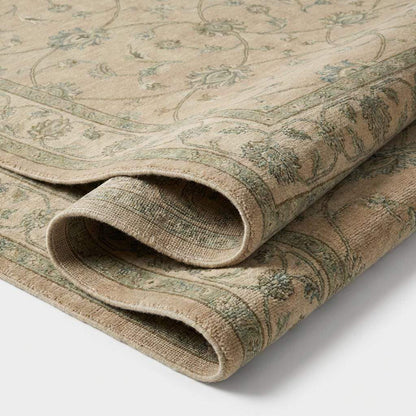 Hand-Knotted Oushak Wool Rug, Muted Sage Green Floral Area Rug