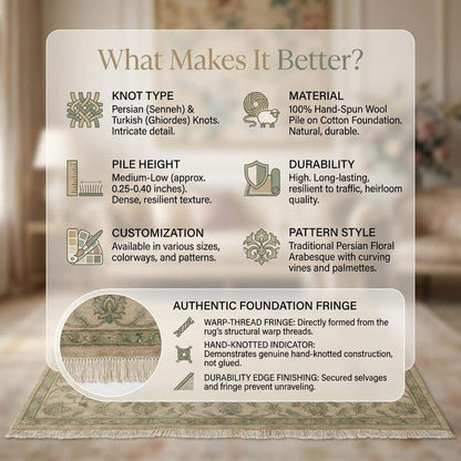 Hand-Knotted Oushak Wool Rug, Muted Sage Green Floral Area Rug