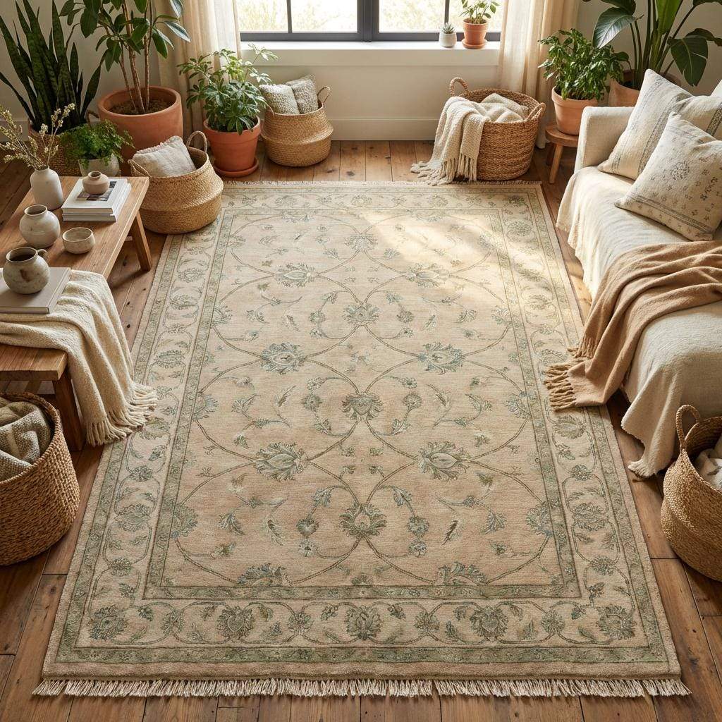 Wide shot of a handmade wool area rug on light hardwood floors, demonstrating how the muted green accents complement neutral home decor.