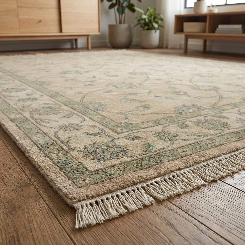 Hand-Knotted Oushak Wool Rug, Muted Sage Green Floral Area Rug