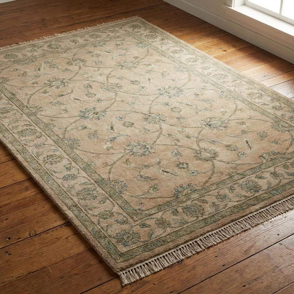 Detail of the hand-tied white fringe and finished edges of a genuine hand-knotted rug, highlighting the artisan construction.