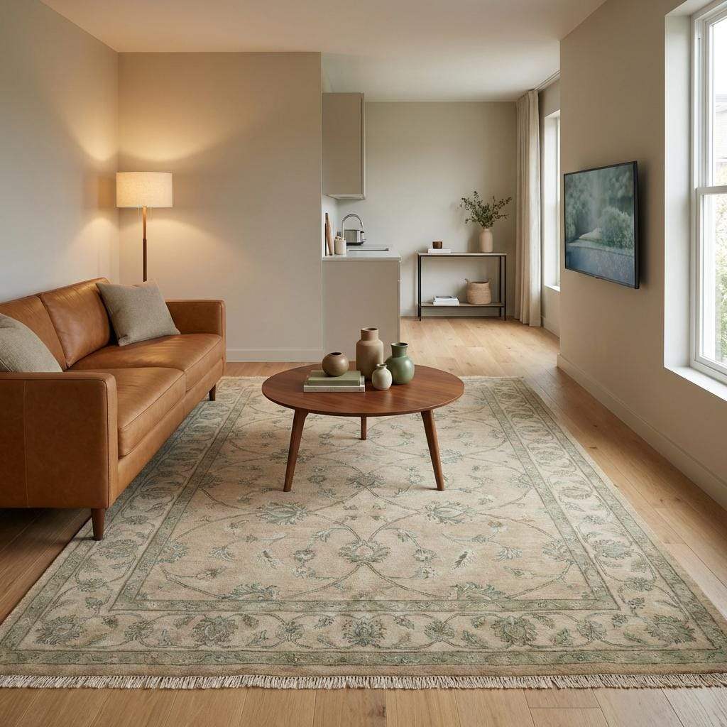 Angled view of a sage green floral rug showing the low-profile wool pile and the way the colors shift beautifully in natural light.