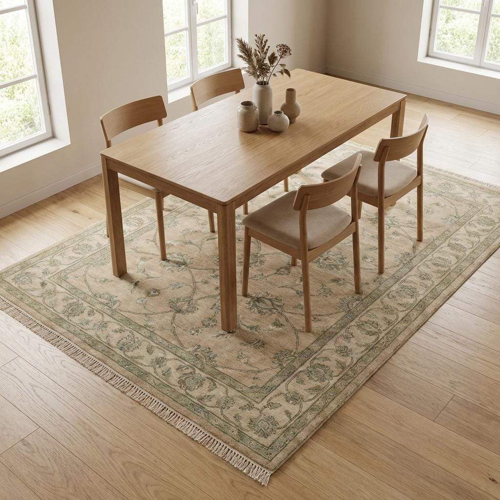 Hand-Knotted Oushak Wool Rug, Muted Sage Green Floral Area Rug