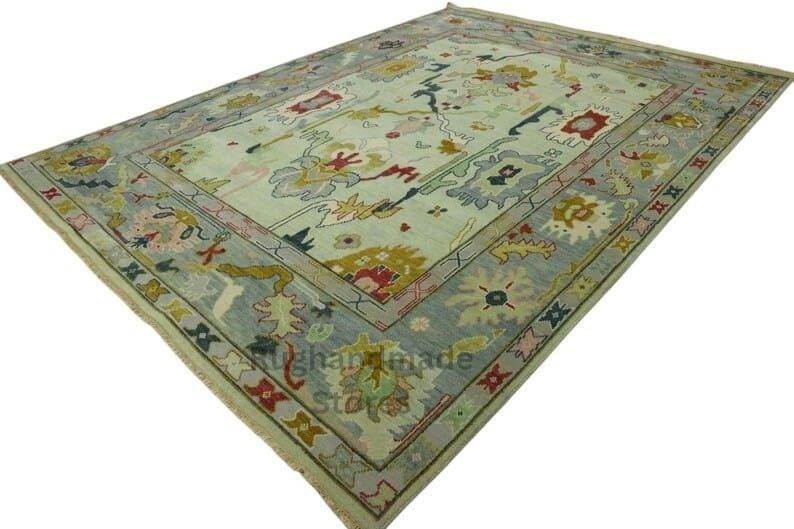 Hand-knotted Oushak wool rug with blueish green floral design, 8x10 Turkish area rug