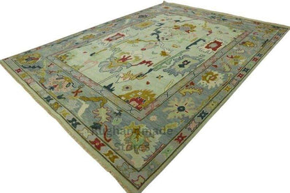 Hand-knotted Oushak wool rug with blueish green floral design, 8x10 Turkish area rug