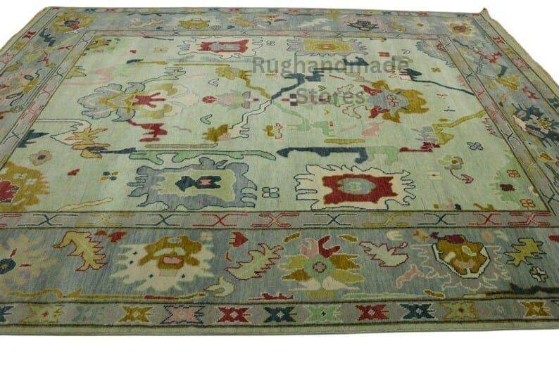 Hand-knotted Oushak wool rug with vintage Turkish floral design in blueish green, 8x10 area rug