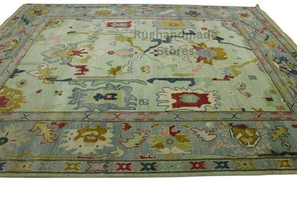 Hand-knotted Oushak wool rug with vintage Turkish floral design in blueish green, 8x10 area rug